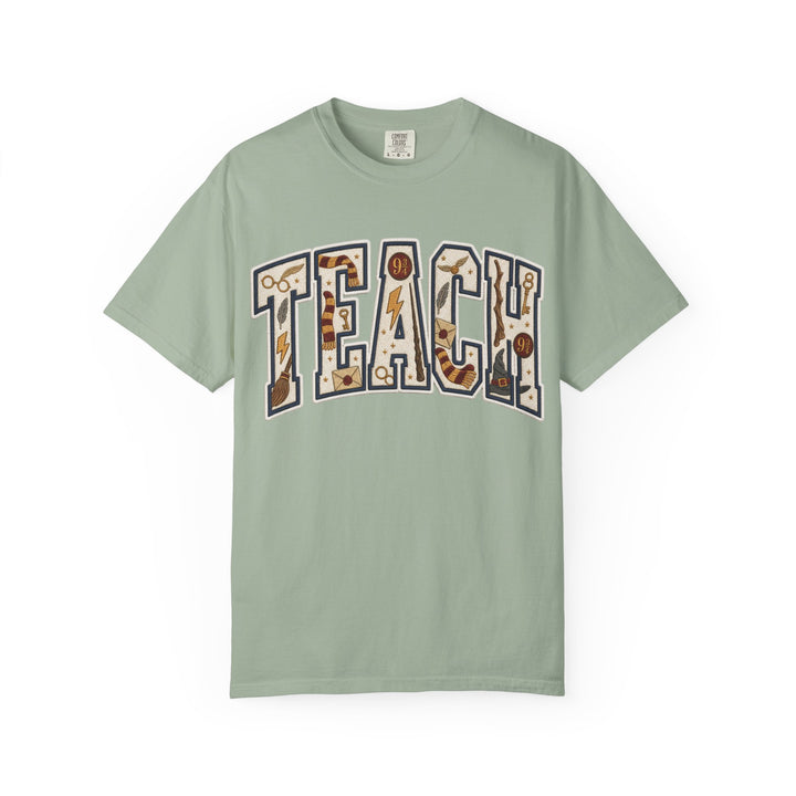 Teach Graphic T-Shirt — School-Themed Teacher Tee with Chalkboard Doodle Letters