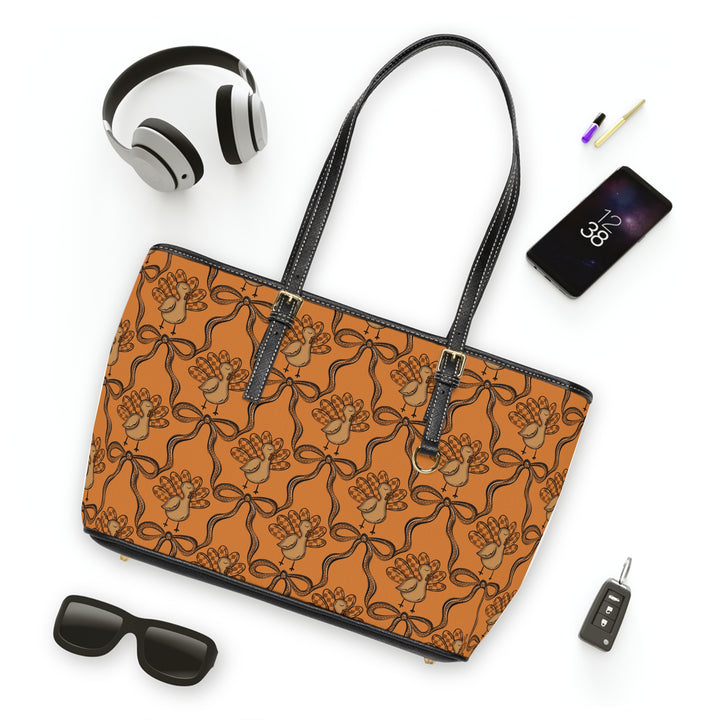 Tote Bag — Thanksgiving Bow Pattern PU Leather Shoulder Tote