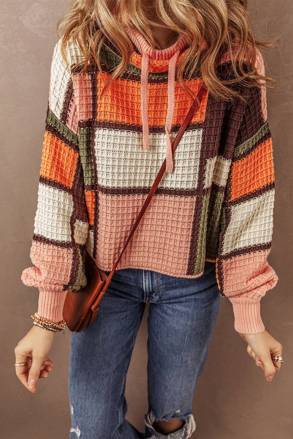 Zoey Waffle Knit Drawstring Mock Neck Sweater