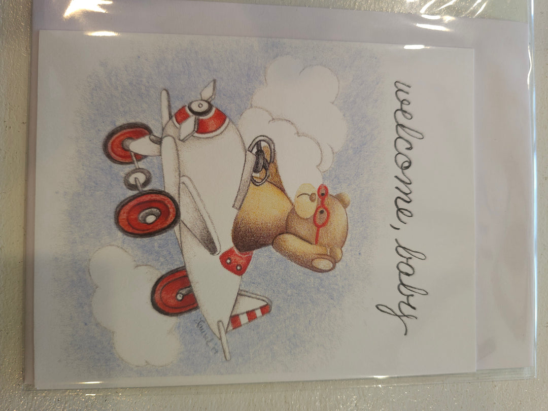 Welcome Baby Teddy Airplane Card