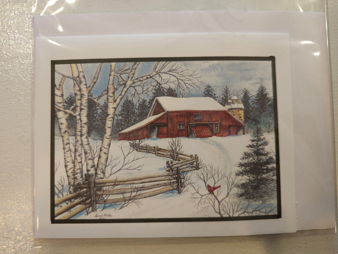 Winter barn & Cardinal