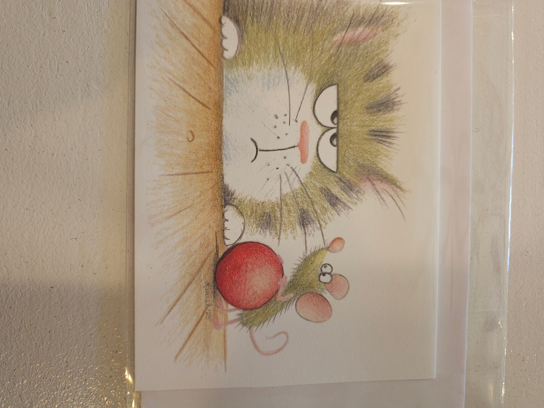 Grumpy Green cat and Mouse Card