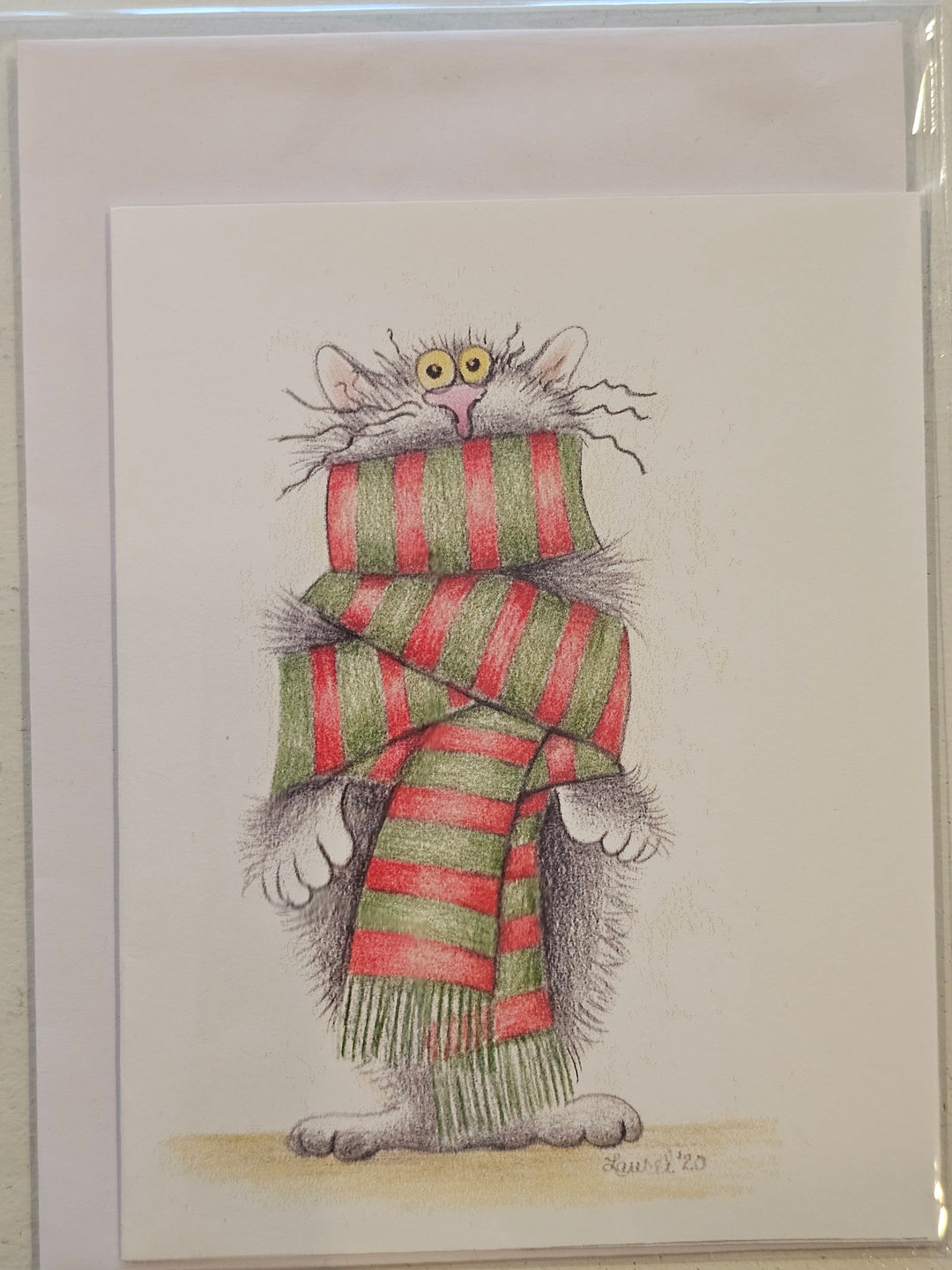 Grey Cat w/ Green & Red scarf card