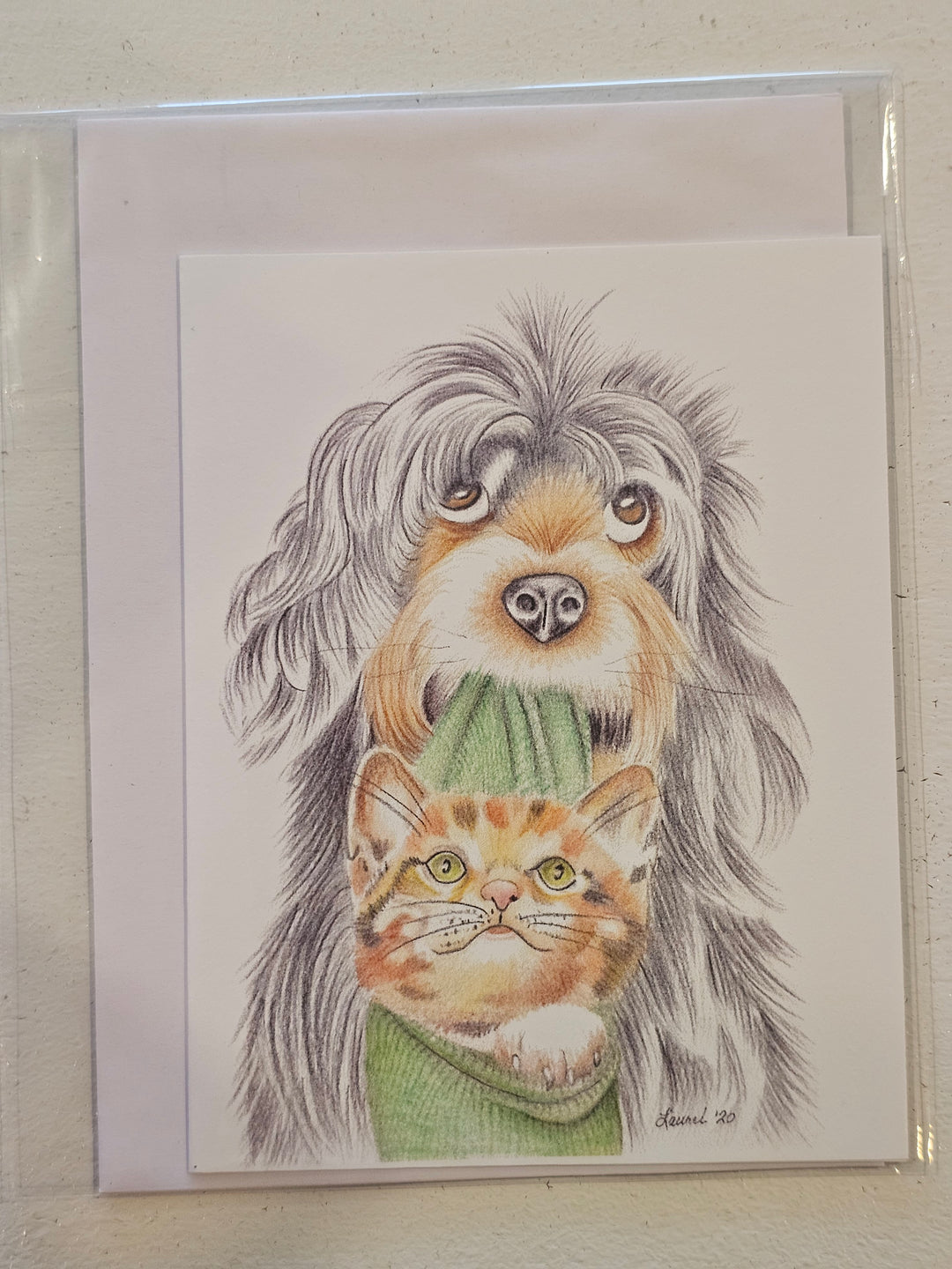 Puppy with Kitty in Green Stocking Card