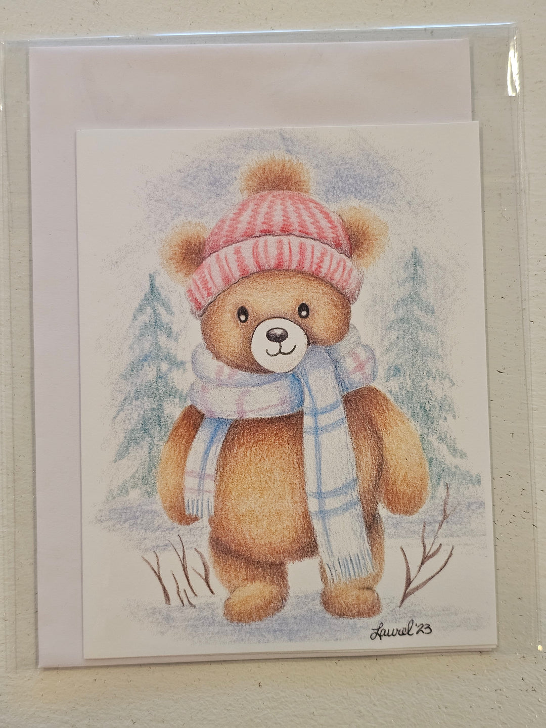 Pink Hat Blue Scarf Teddy Card