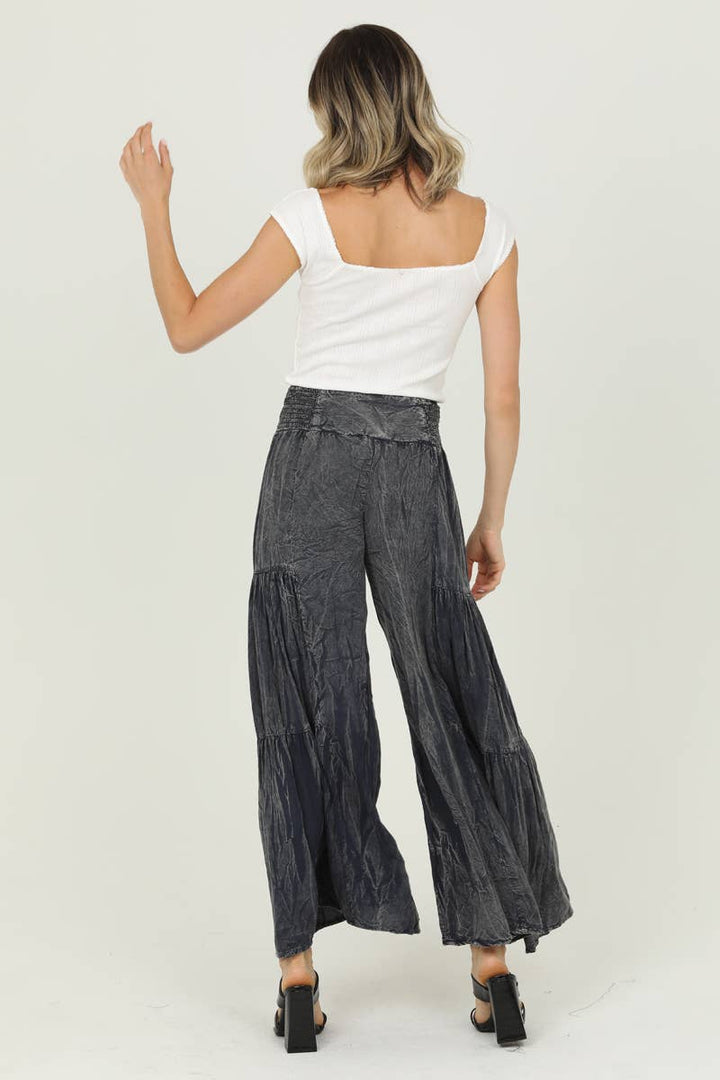 ACID WASH TIERED WIDE LEG PANTS