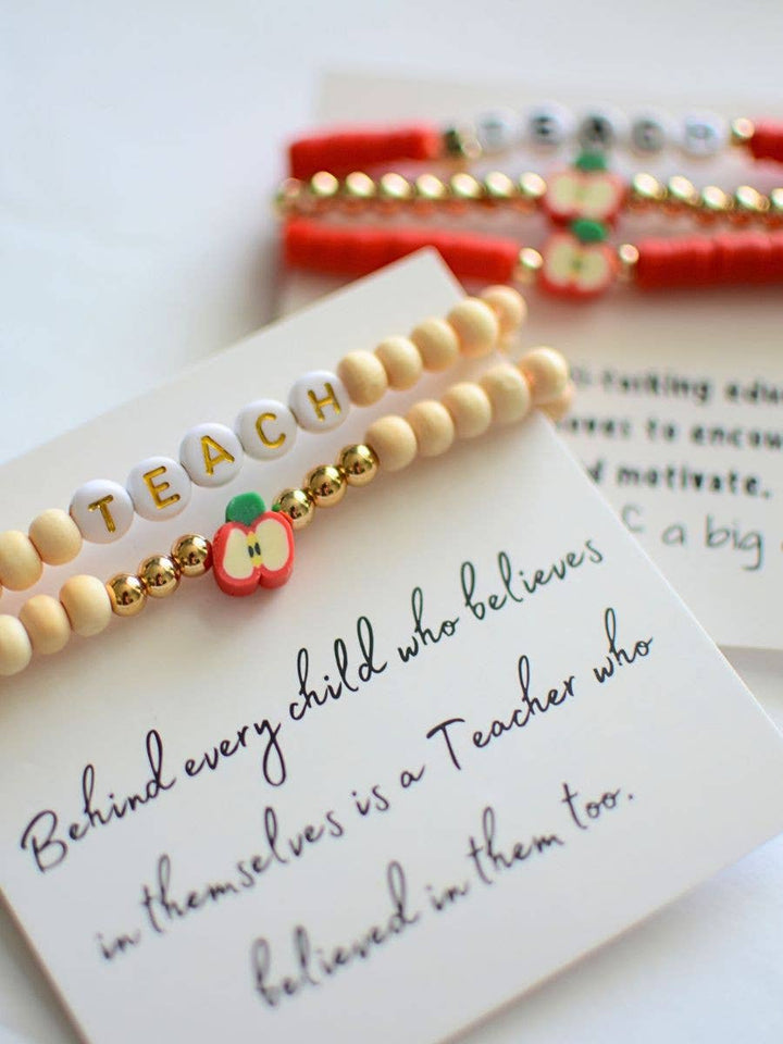 Wood Beaded Teacher stretch Bracelet stack on THANK YOU Card