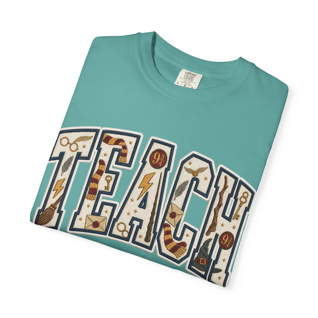 Teach Graphic T-Shirt — School-Themed Teacher Tee with Chalkboard Doodle Letters