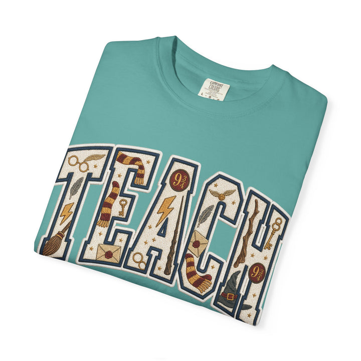 Teach Graphic T-Shirt — School-Themed Teacher Tee with Chalkboard Doodle Letters
