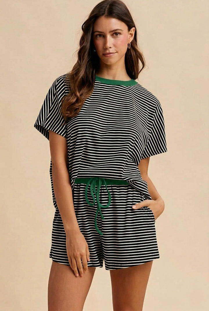 Loose Fit Striped Knit Top & Mini Shorts Set Black and Green