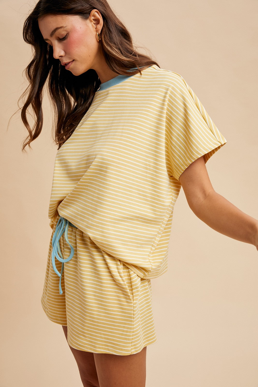 Loose Fit Striped Knit Top & Mini Shorts Set