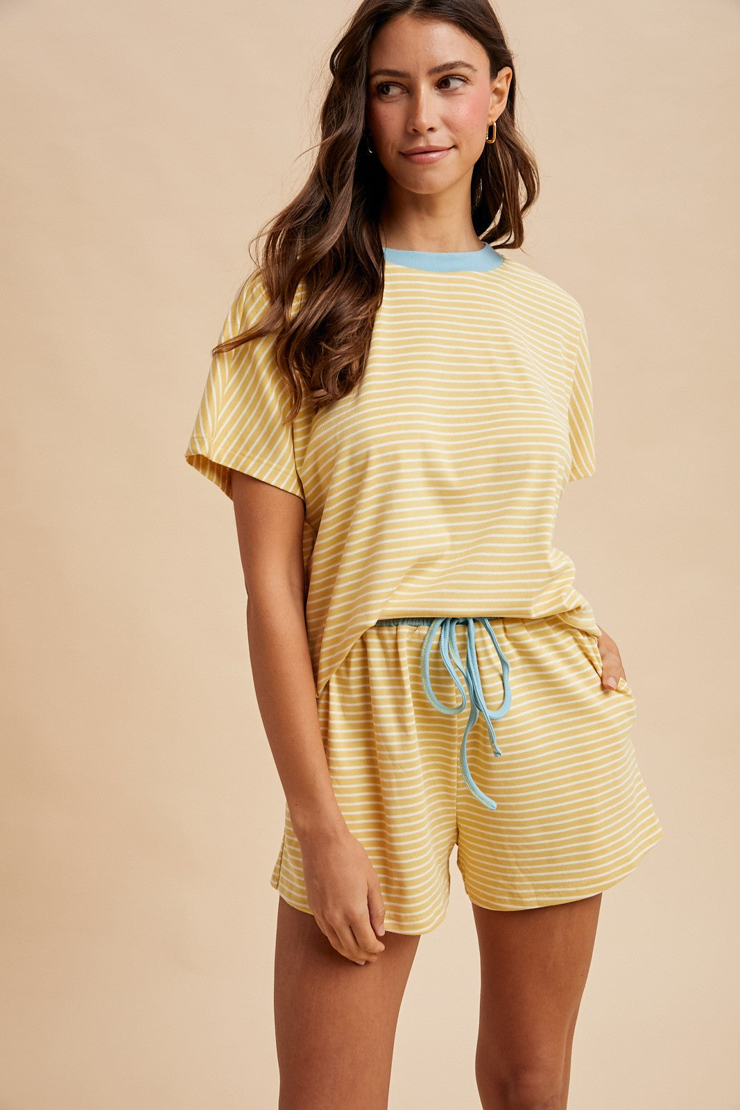 Loose Fit Striped Knit Top & Mini Shorts Set