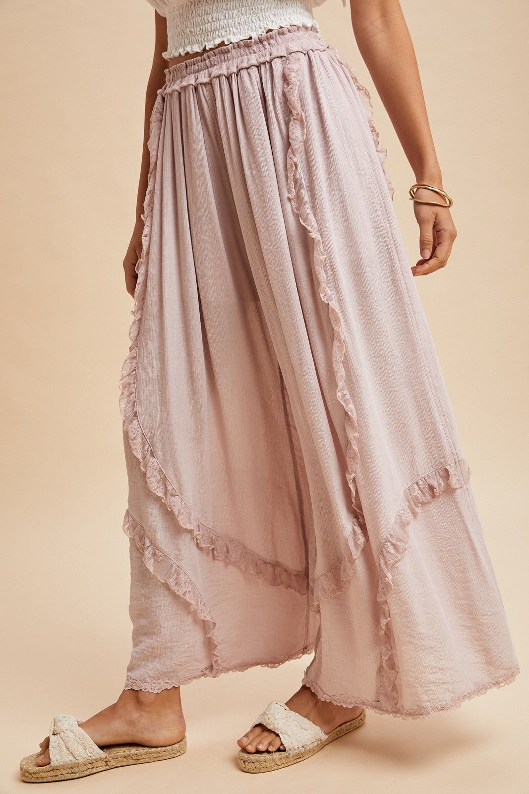 Lace Ruffle Trim Crinkle Palazzo Pants