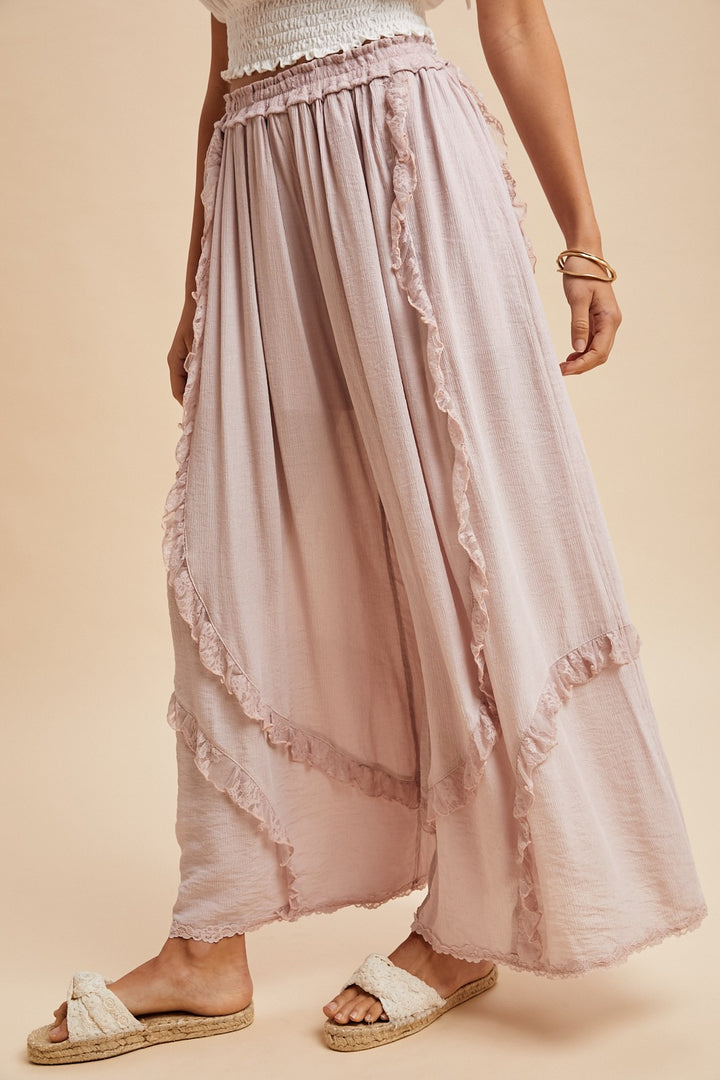 Lace Ruffle Trim Crinkle Palazzo Pants