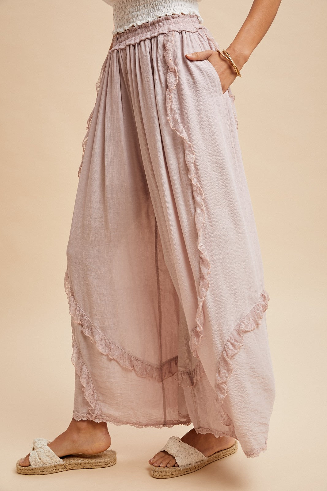 Lace Ruffle Trim Crinkle Palazzo Pants