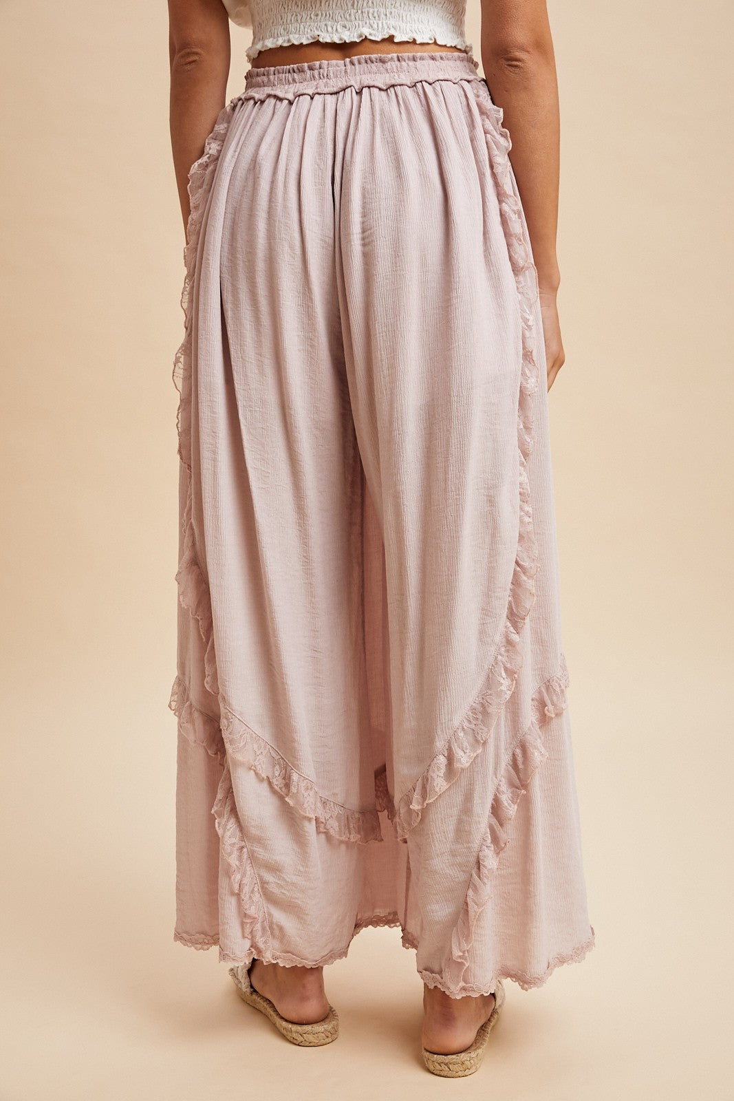 Lace Ruffle Trim Crinkle Palazzo Pants