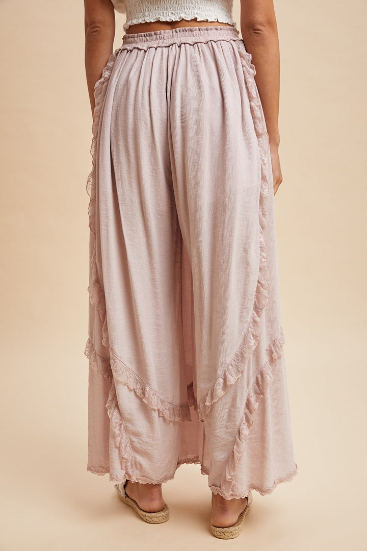 Lace Ruffle Trim Crinkle Palazzo Pants