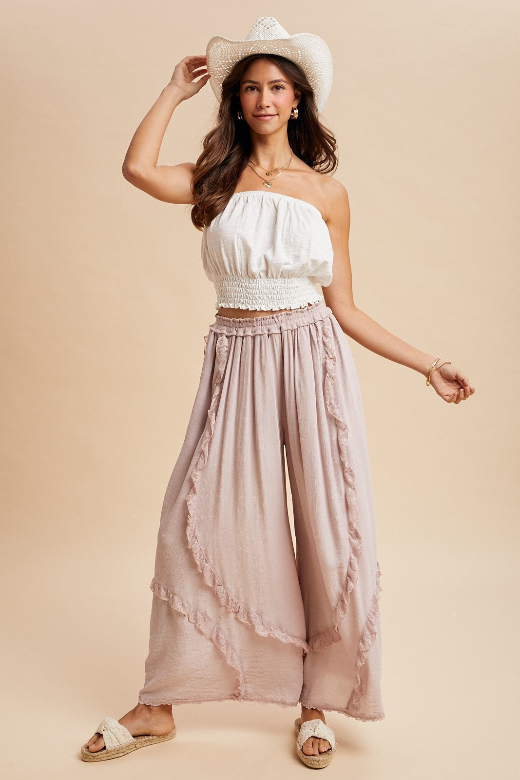 Lace Ruffle Trim Crinkle Palazzo Pants