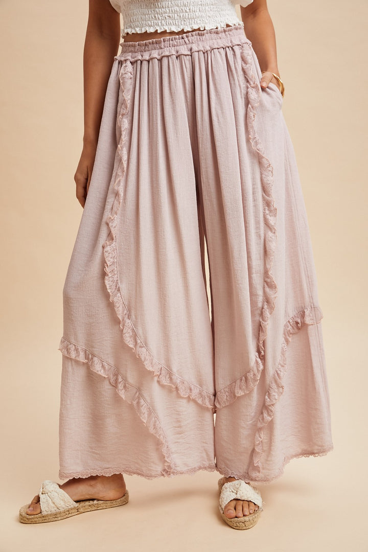 Lace Ruffle Trim Crinkle Palazzo Pants