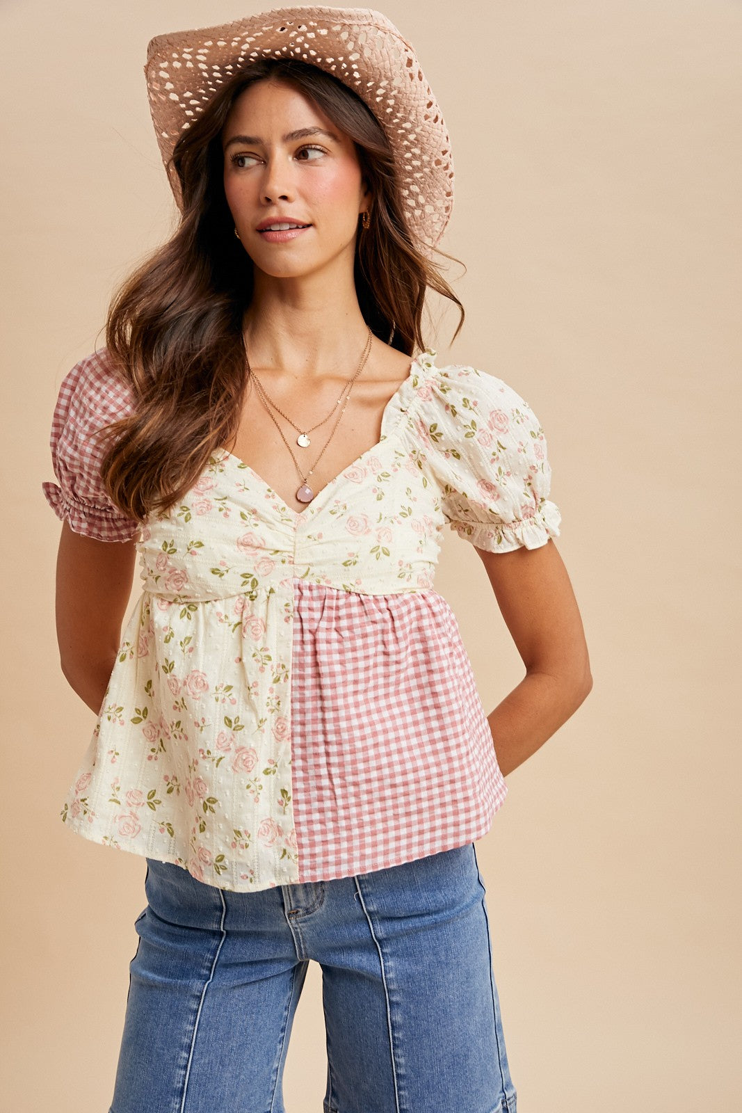 Rose Floral Gingham Sweetheart Babydoll Blouse