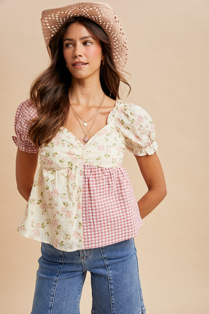 Rose Floral Gingham Sweetheart Babydoll Blouse