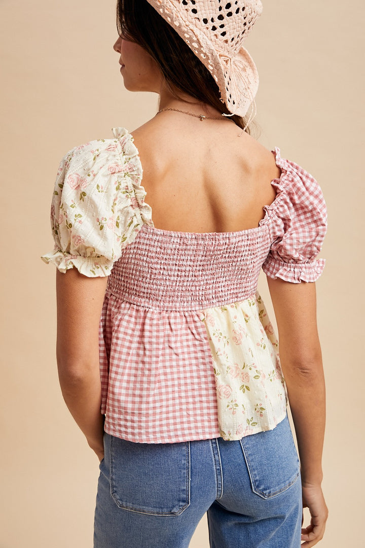 Rose Floral Gingham Sweetheart Babydoll Blouse