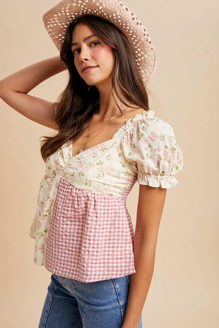 Rose Floral Gingham Sweetheart Babydoll Blouse
