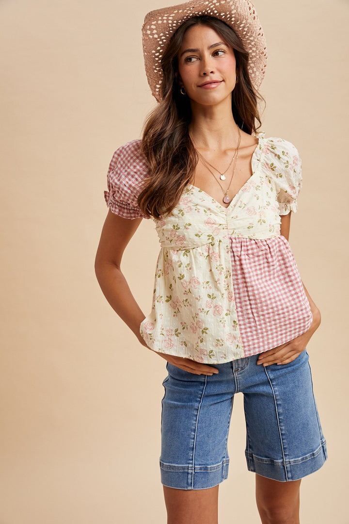 Rose Floral Gingham Sweetheart Babydoll Blouse