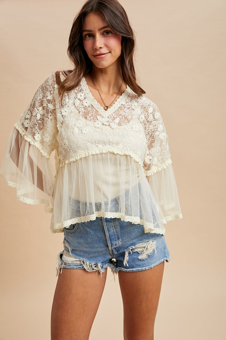Floral Lace Bell Sleeve Flowy Blouse