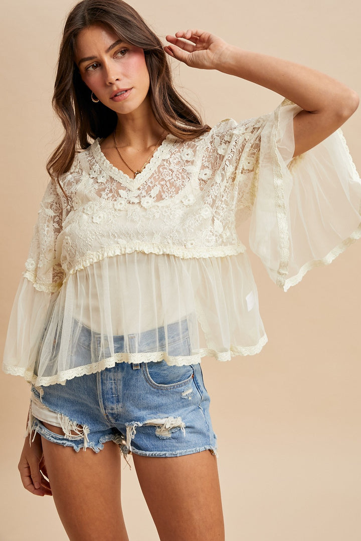 Floral Lace Bell Sleeve Flowy Blouse