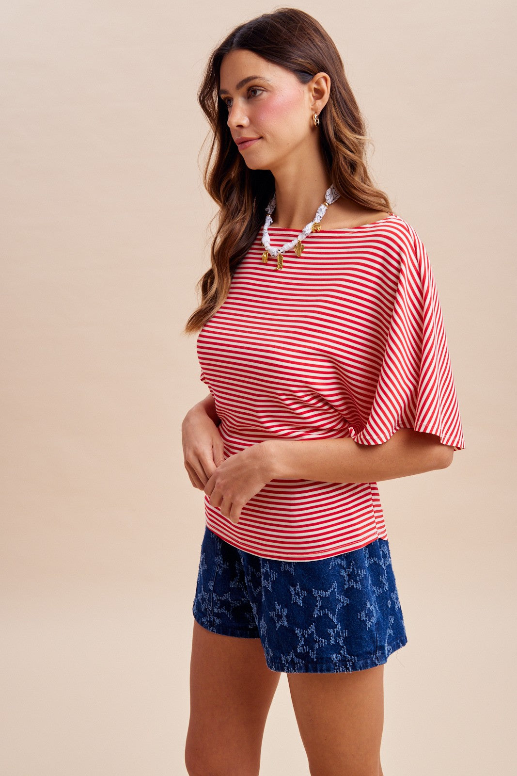 4th Of July Striped Tie Waist Dolman Sleeve Top