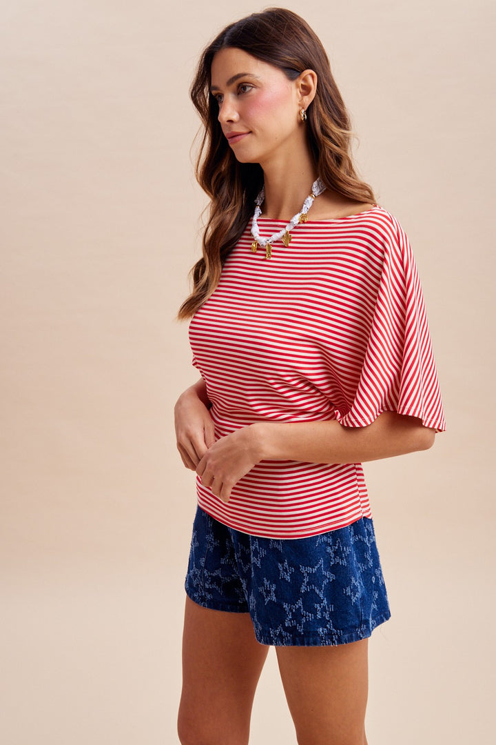 4th Of July Striped Tie Waist Dolman Sleeve Top