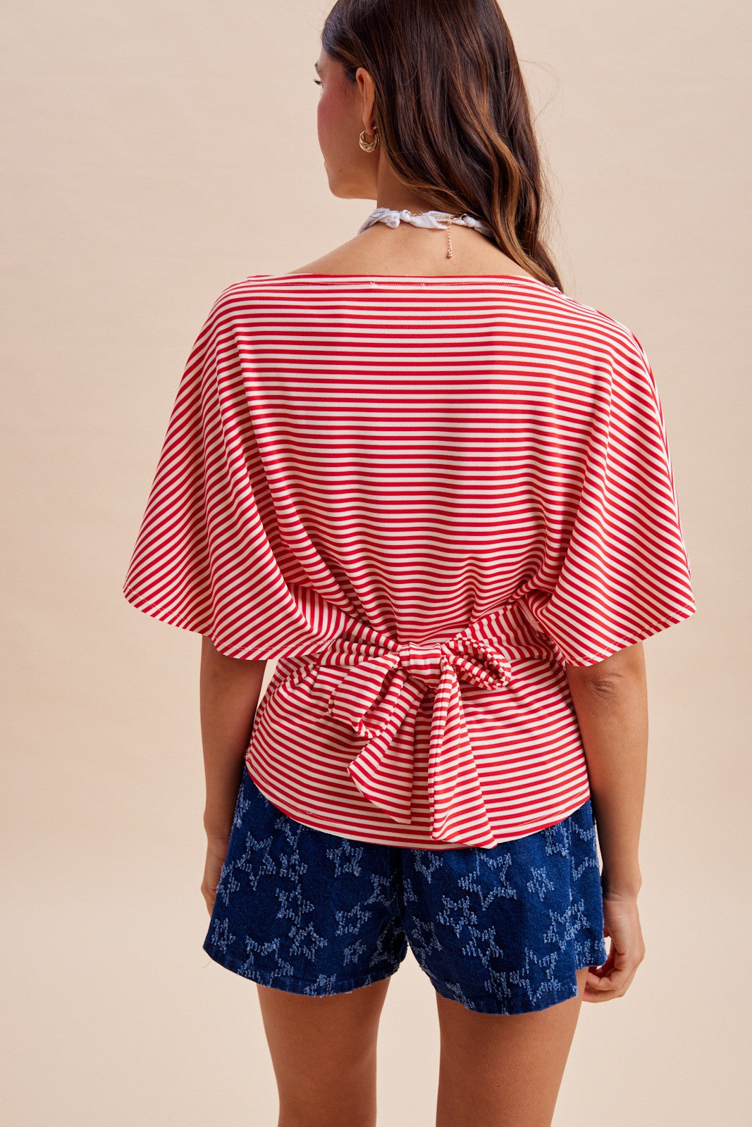 4th Of July Striped Tie Waist Dolman Sleeve Top