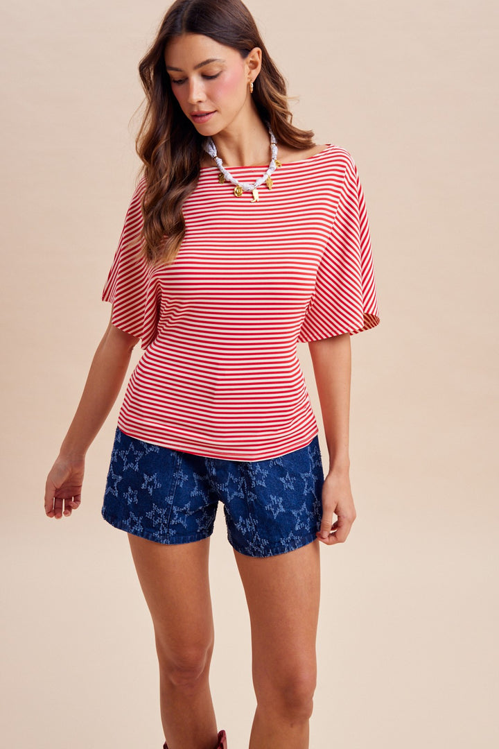4th Of July Striped Tie Waist Dolman Sleeve Top
