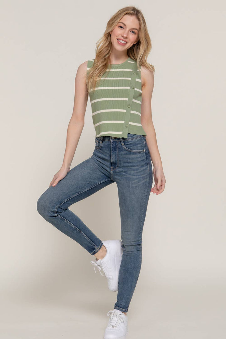 Sleeveless Diagonal Shape Placket Stripe Spring Sweater