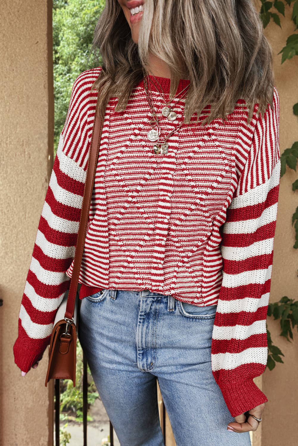 Stripe Geometric Textured Drop Shoulder Sweater