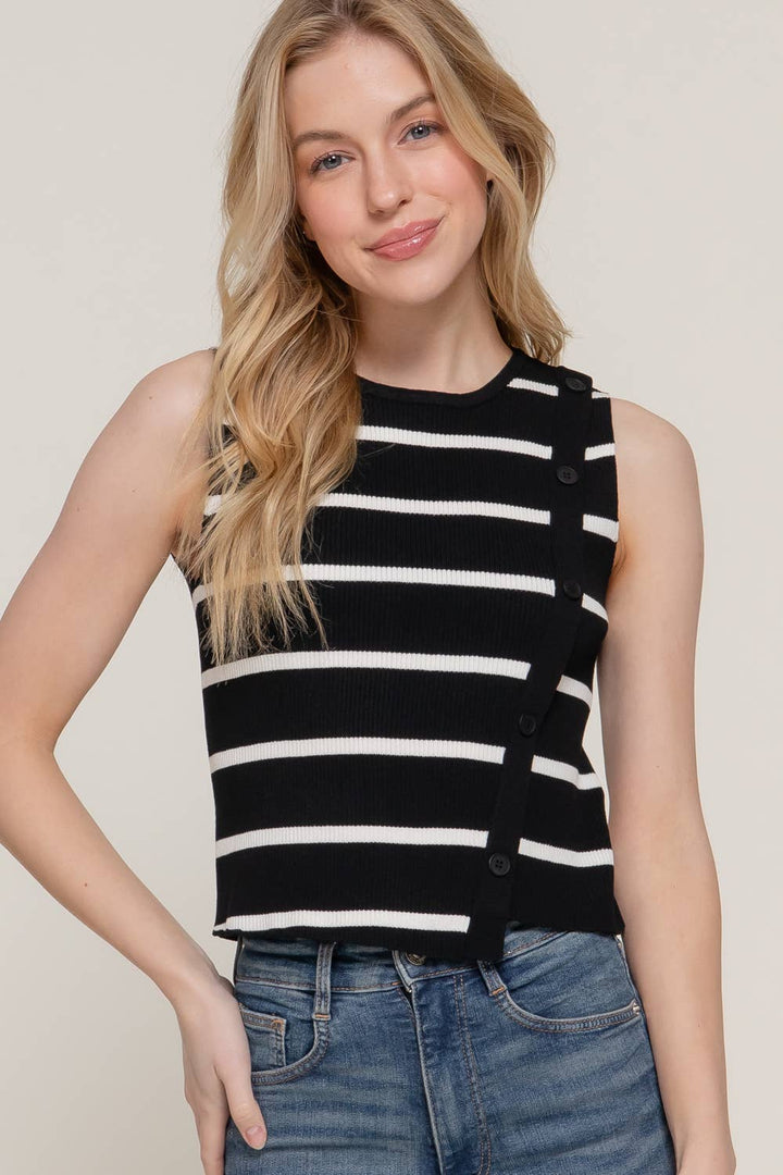 Sleeveless Diagonal Shape Placket Stripe Spring Sweater