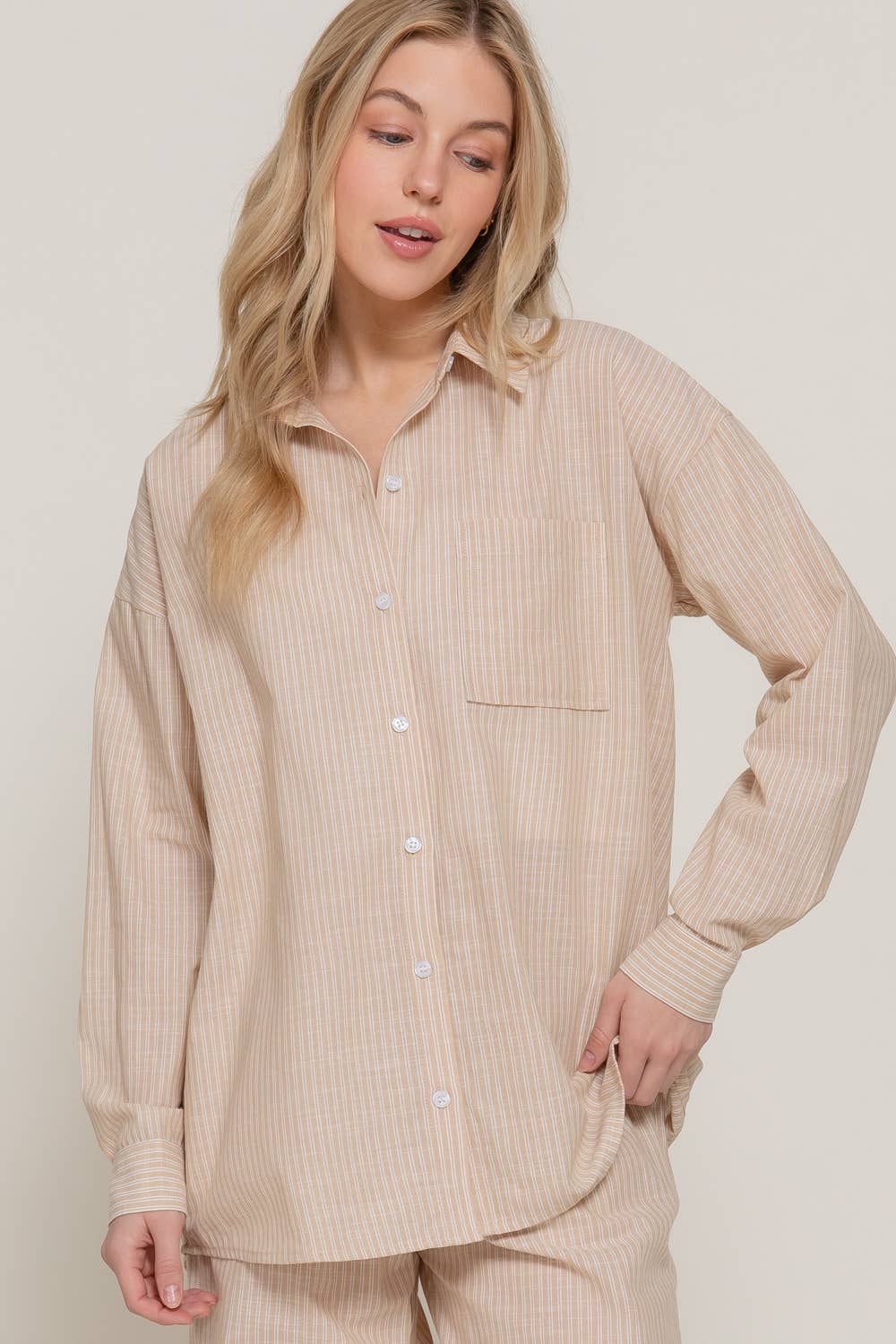 Long Sleeve Button Down Y/D Stripe Gauze Shirt