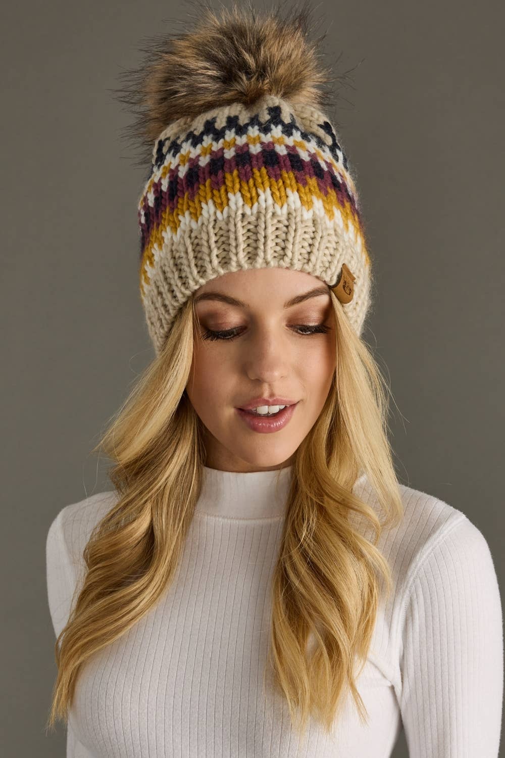 Beige, Navy & Mustard  Pom Hat