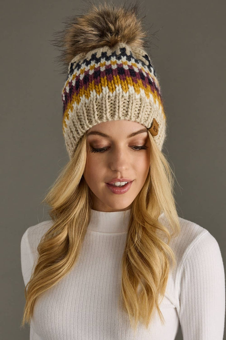 Beige, Navy & Mustard  Pom Hat
