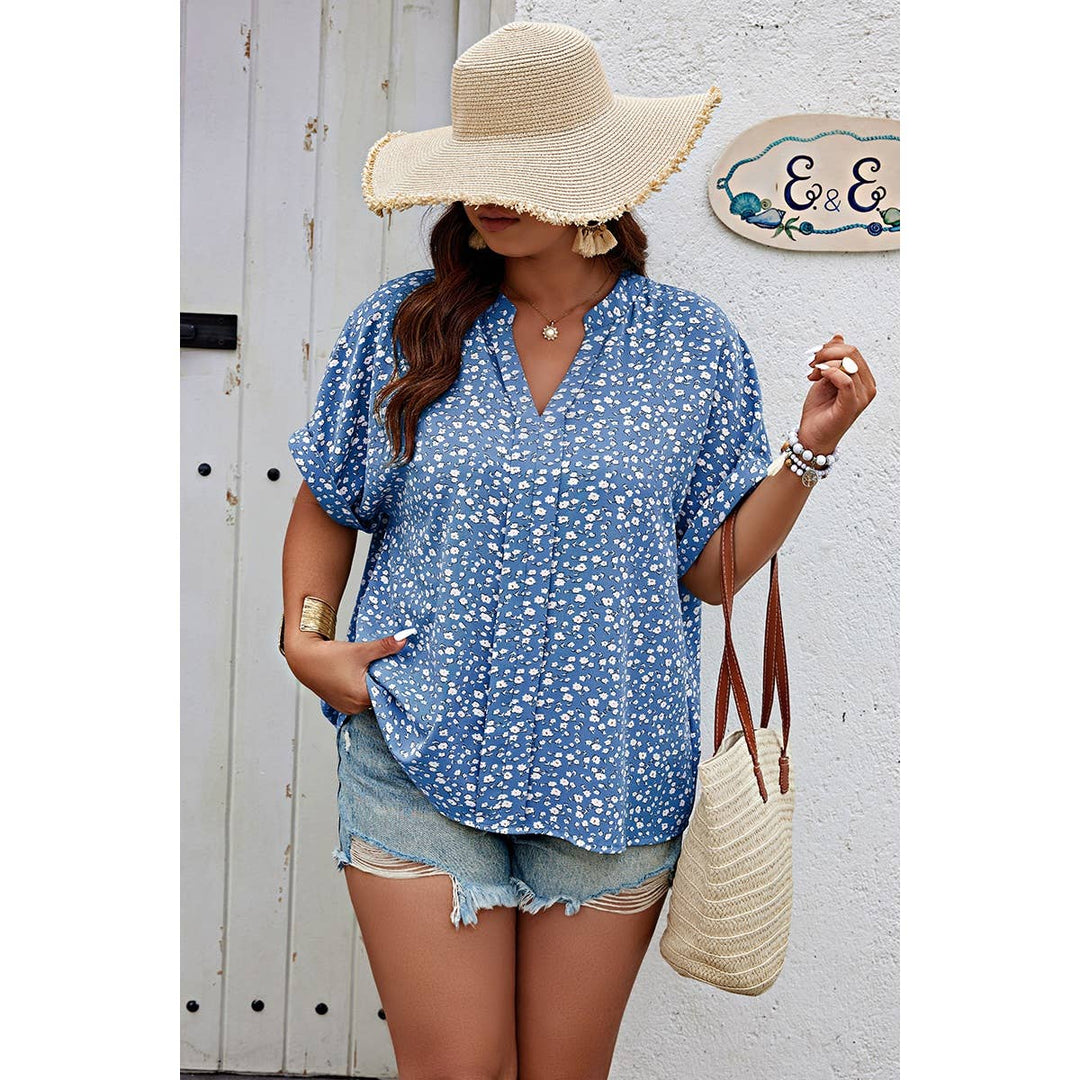 Plus Size Floral Print V Neck Short Sleeve Blouse