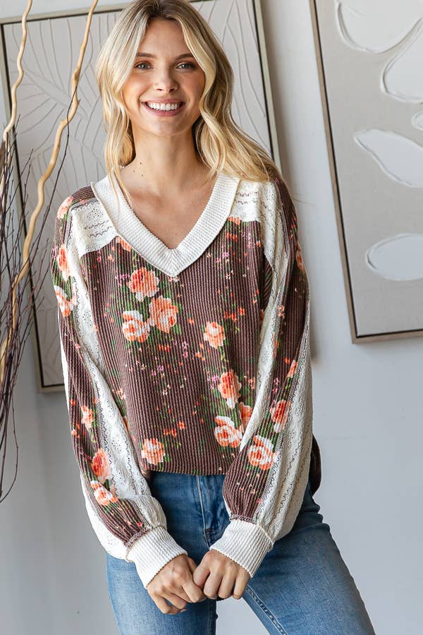 Floral V-Neck Knit Top with Lace Contrast