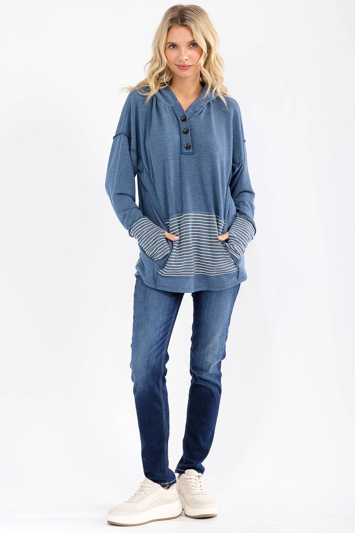 Stripe Contrast Button Hoodie