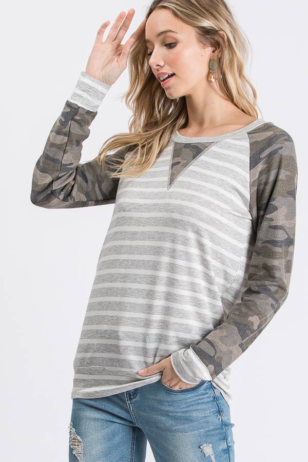 Stripe Camo Print Raglan Top