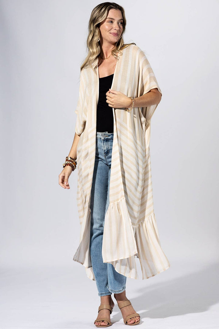 Beige Stripe Border Kimono