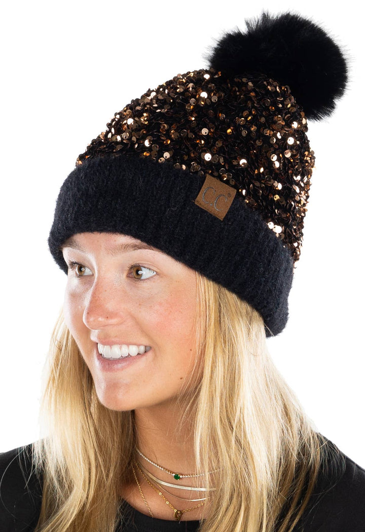 Sequin Pom Beanie Black/Gold