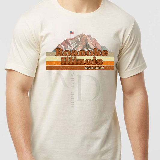 Roanoke  IL 150th year Celebration Earth Tone Multi-Stripe Design T-Shirts