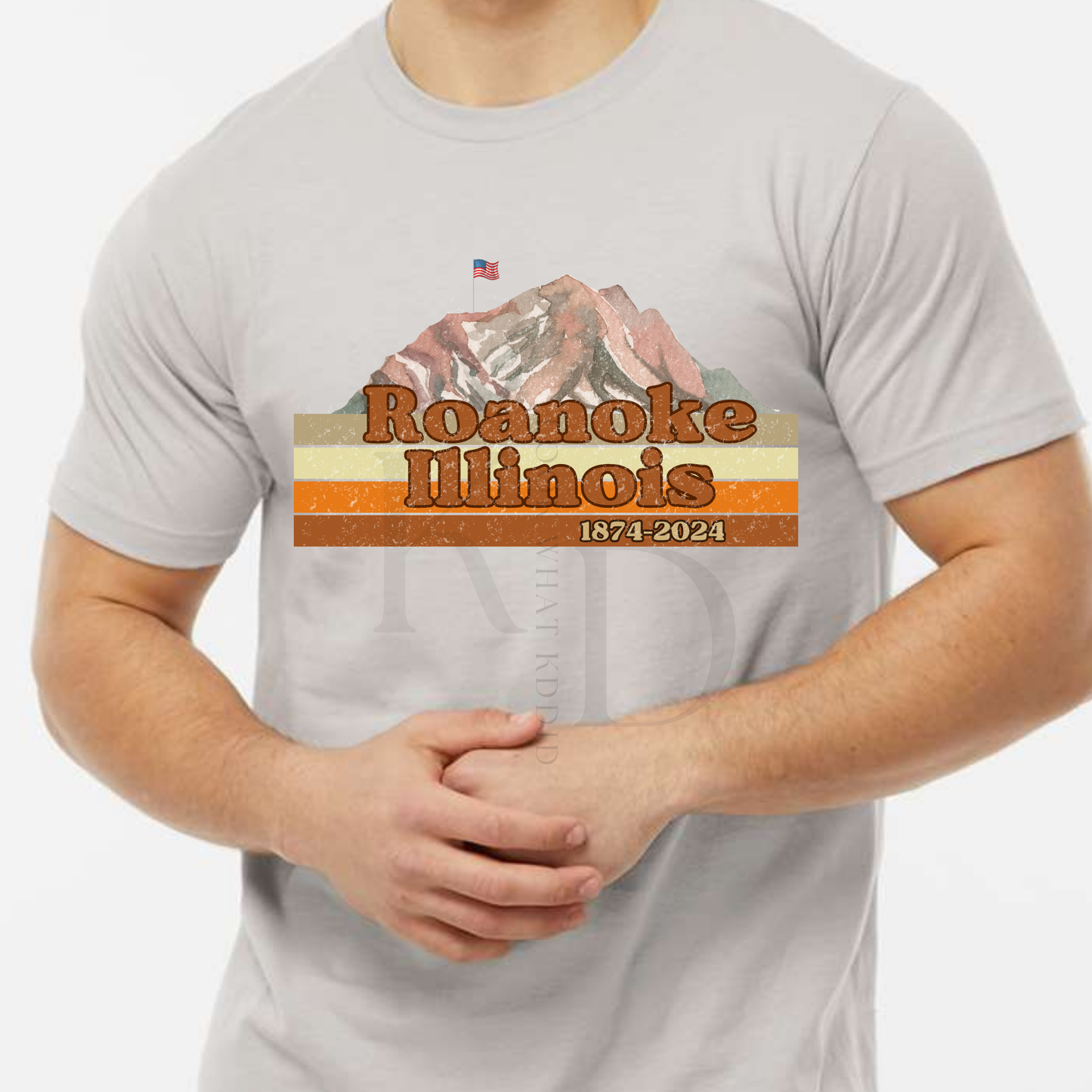 Roanoke  IL 150th year Celebration Earth Tone Multi-Stripe Design T-Shirts