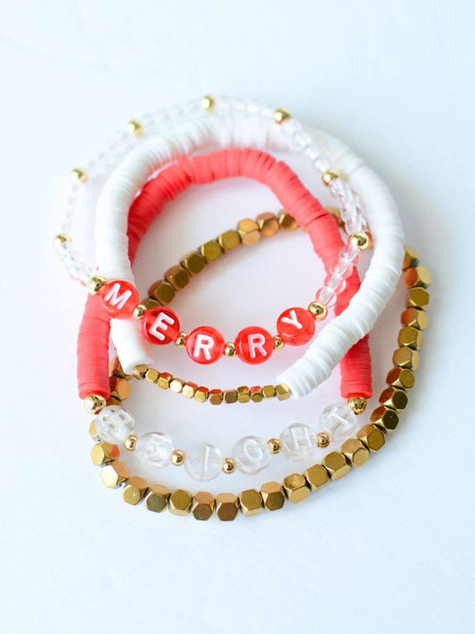 Merry and Bright Christmas Holiday Red & White bracelet set