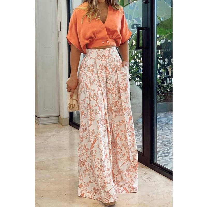 V-neck Short Shirt with Wide-Leg Pants Set